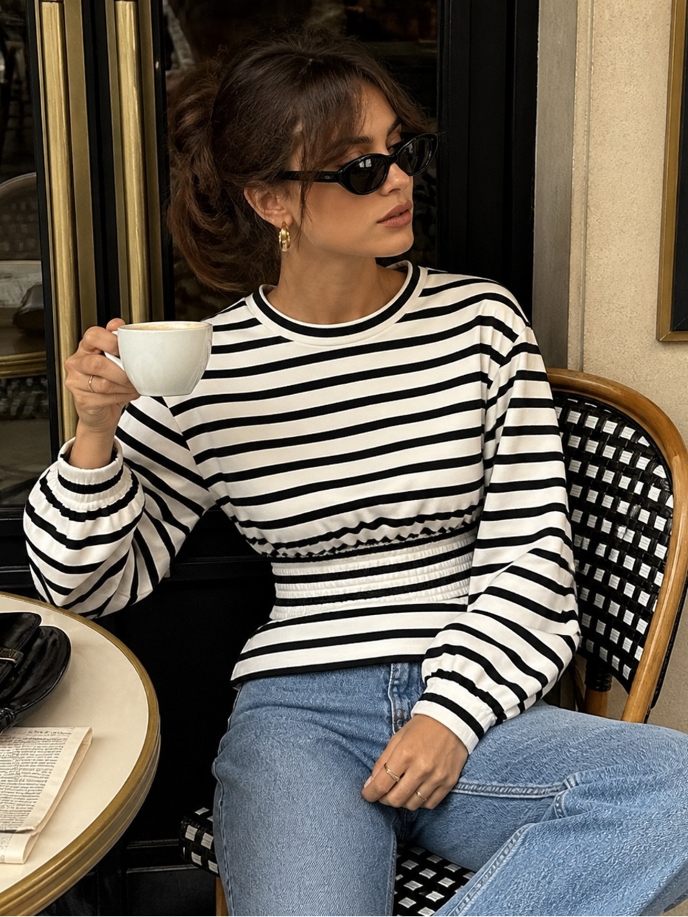 Anthro Maeve Striped Cinch Waist Top XS Black White Parisian Chic Puff Sleeve